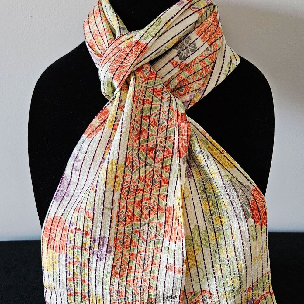 Japanese Kimono Scarf S3090 - Ivory and Orange Ribbed Silk Patchwork Look